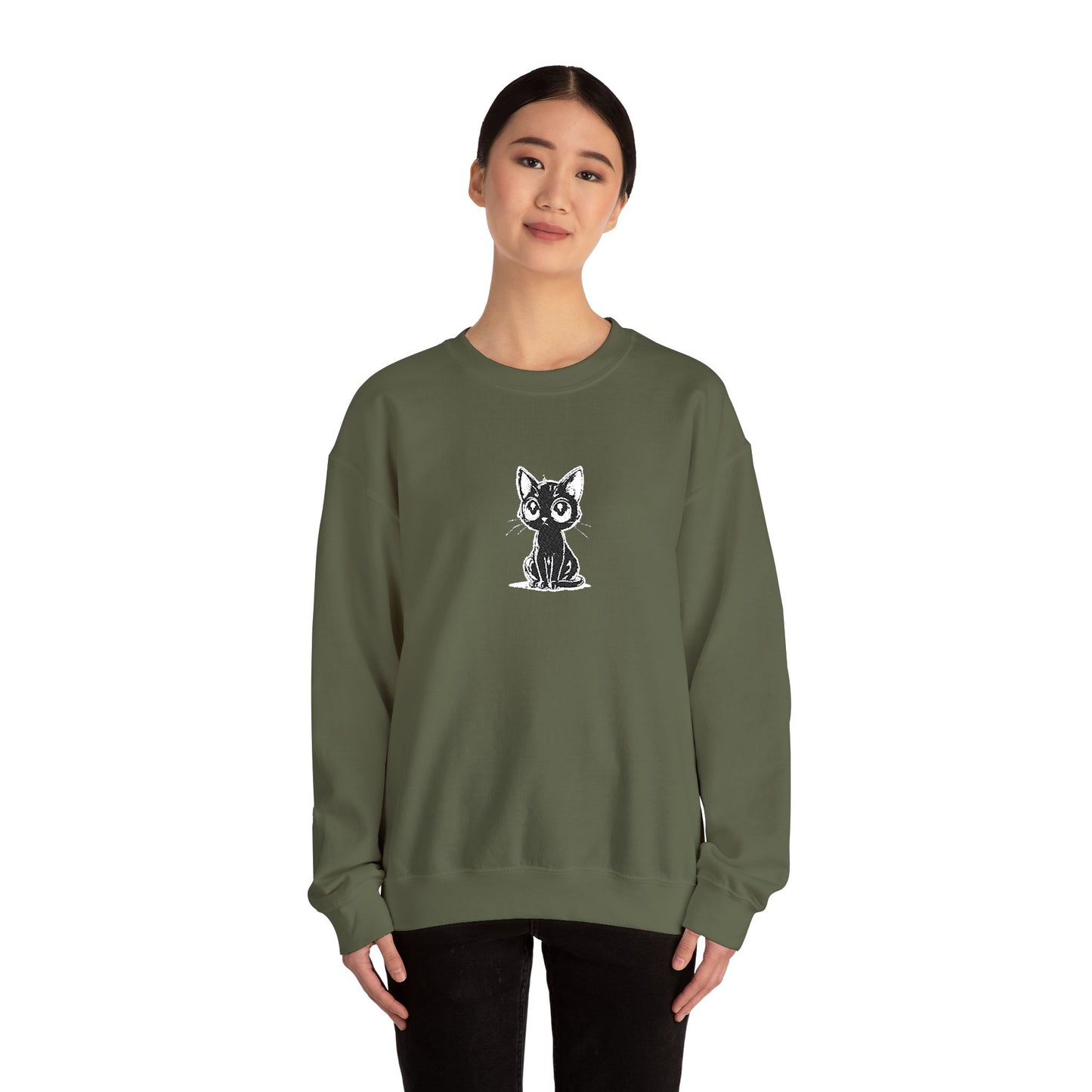 Cat Sketch Crewneck Sweatshirt — Minimal Black Ink Kitten Design