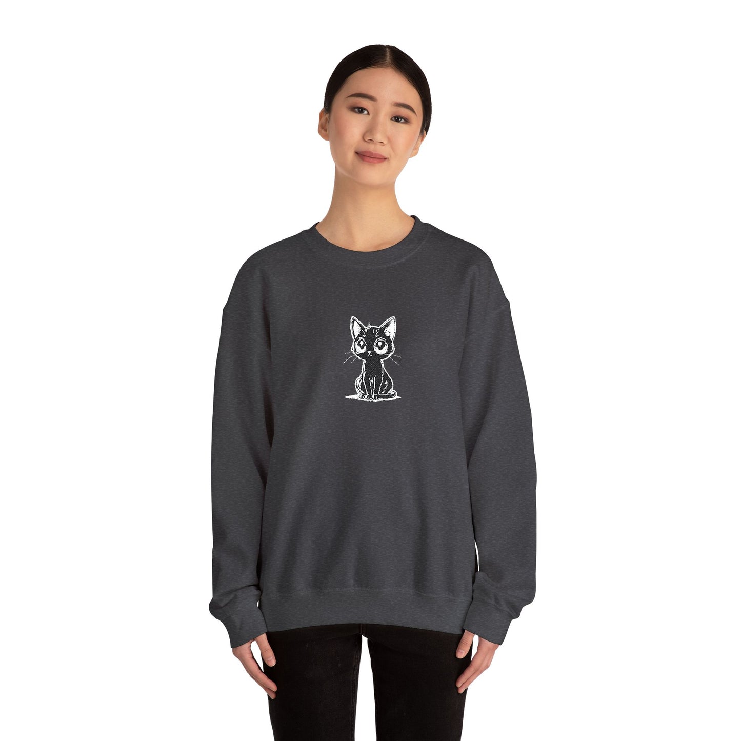 Cat Sketch Crewneck Sweatshirt — Minimal Black Ink Kitten Design