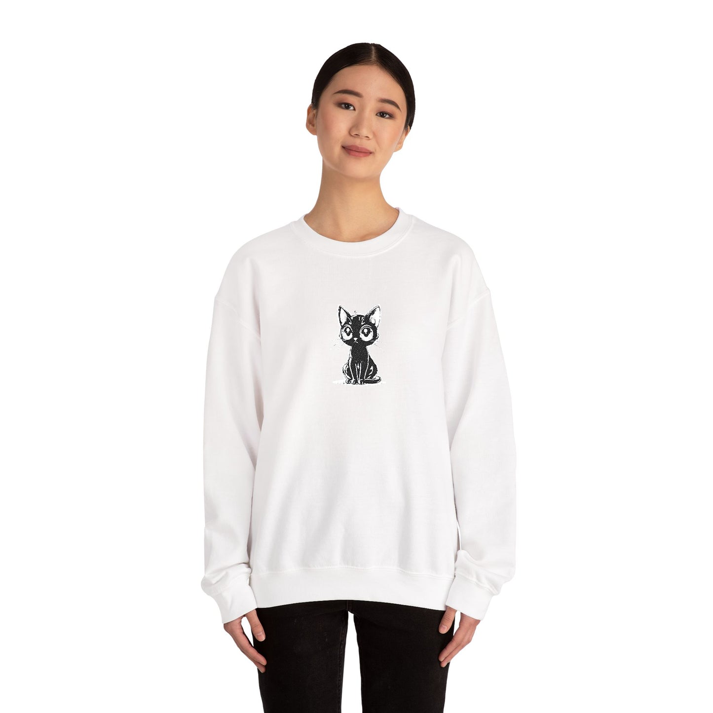 Cat Sketch Crewneck Sweatshirt — Minimal Black Ink Kitten Design