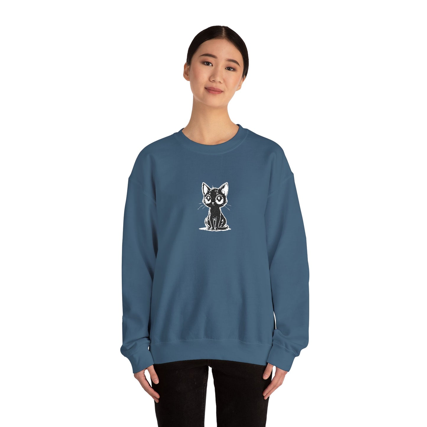 Cat Sketch Crewneck Sweatshirt — Minimal Black Ink Kitten Design