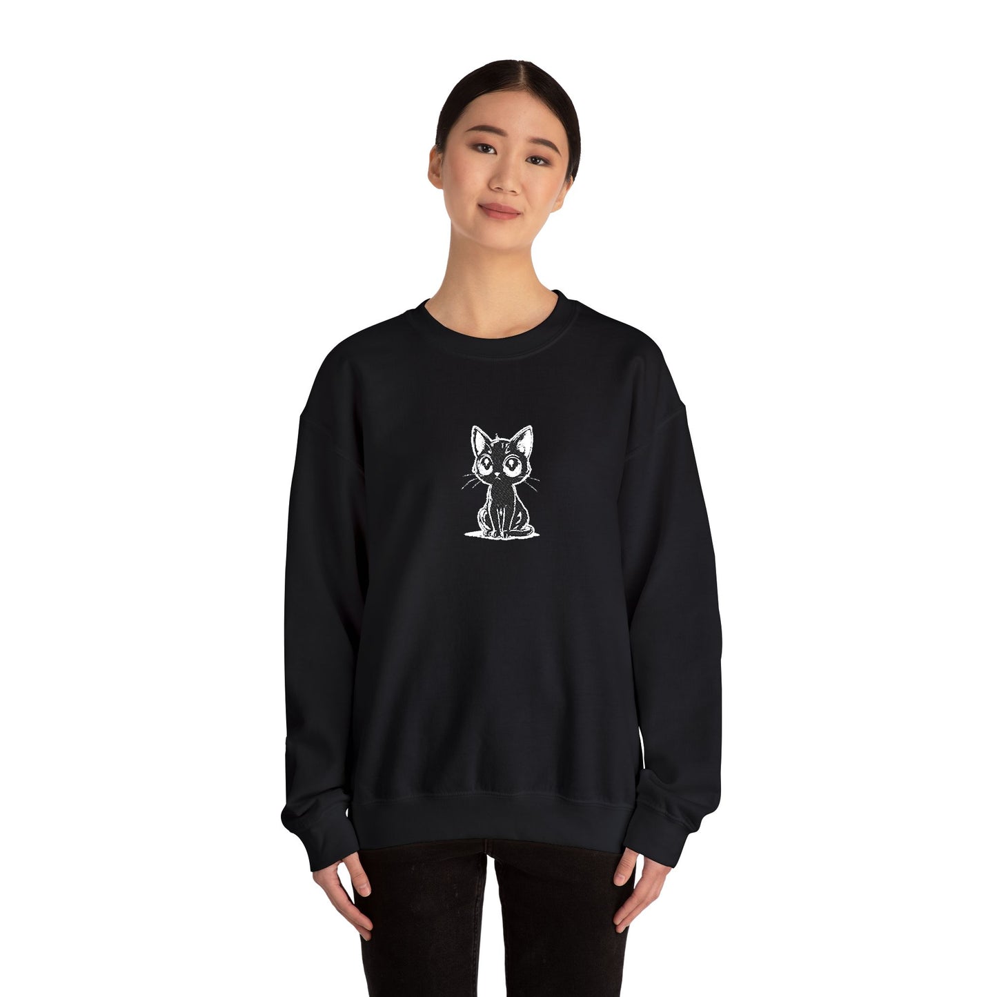 Cat Sketch Crewneck Sweatshirt — Minimal Black Ink Kitten Design