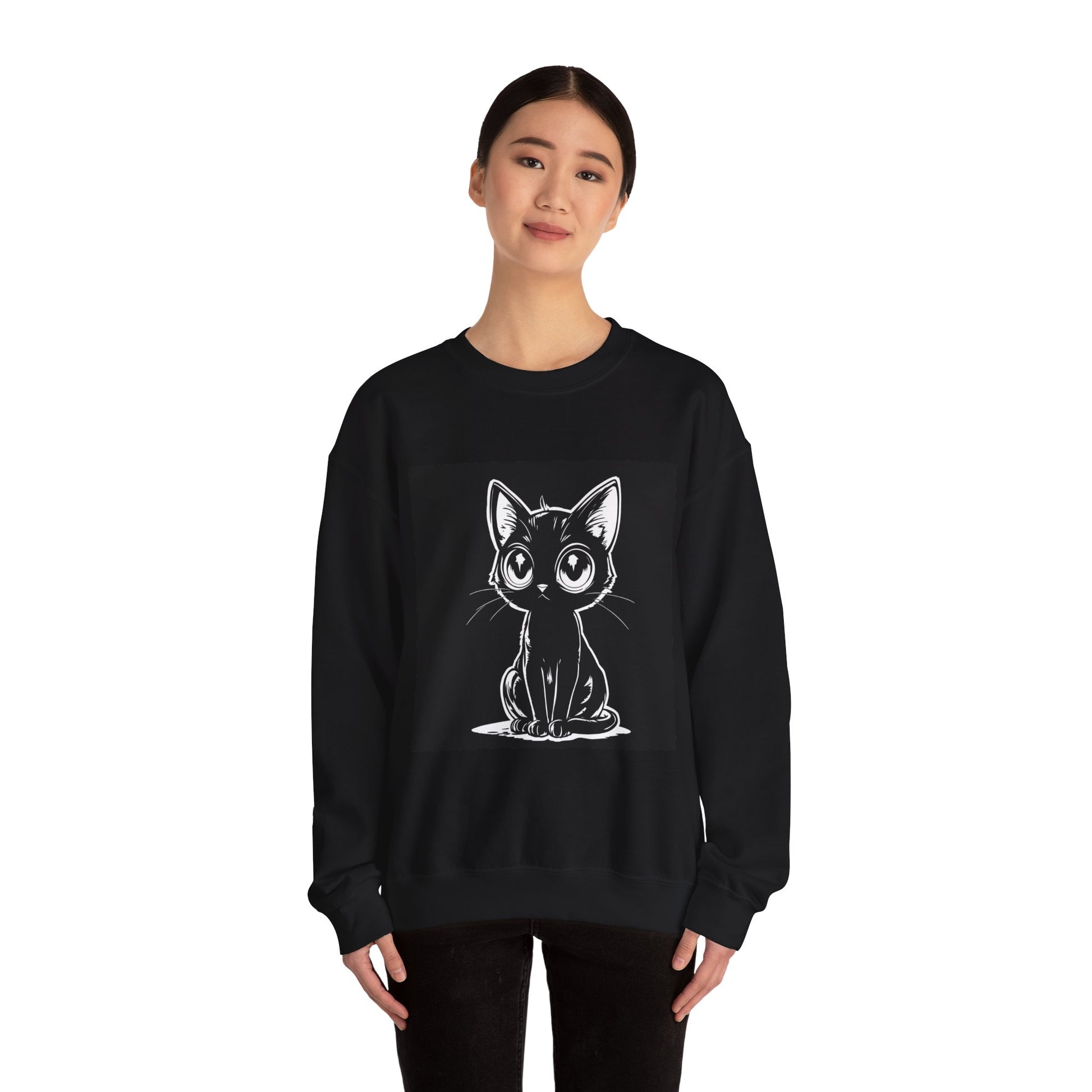 Woman wearing black kitten sweatshirt and a casual cat-themed outfit