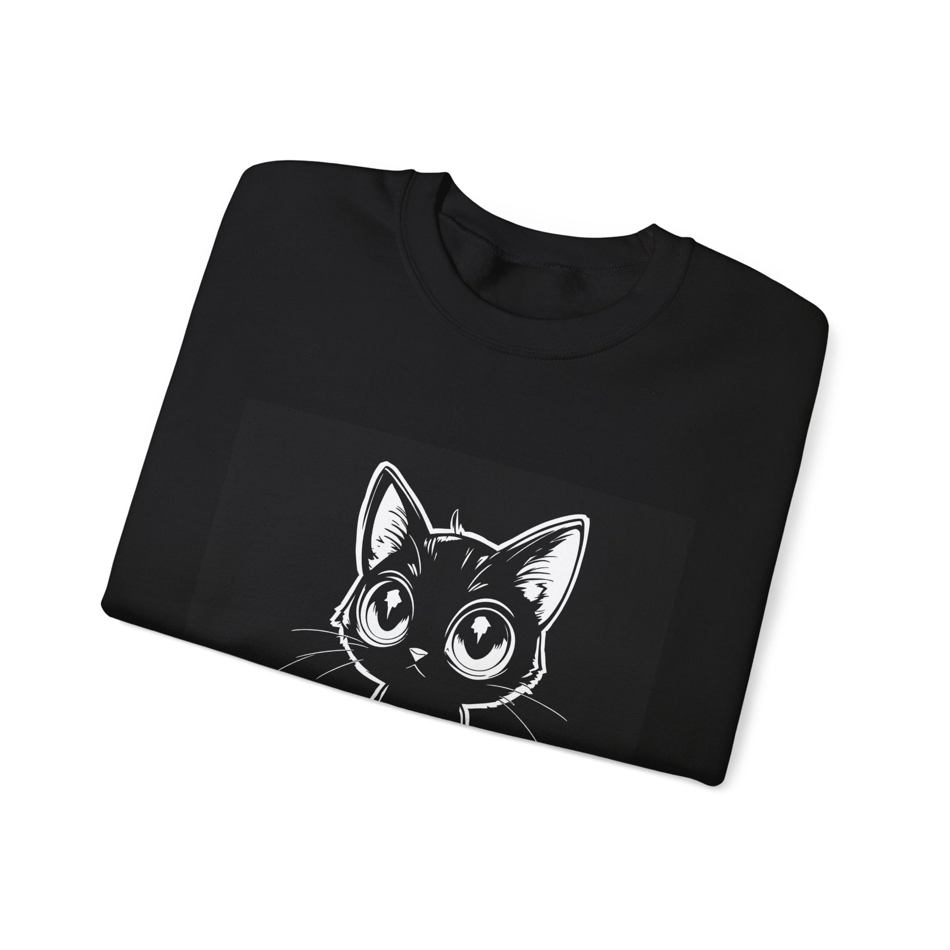 Close-up of cute black kitten graphic with big eyes printed on sweatshirt