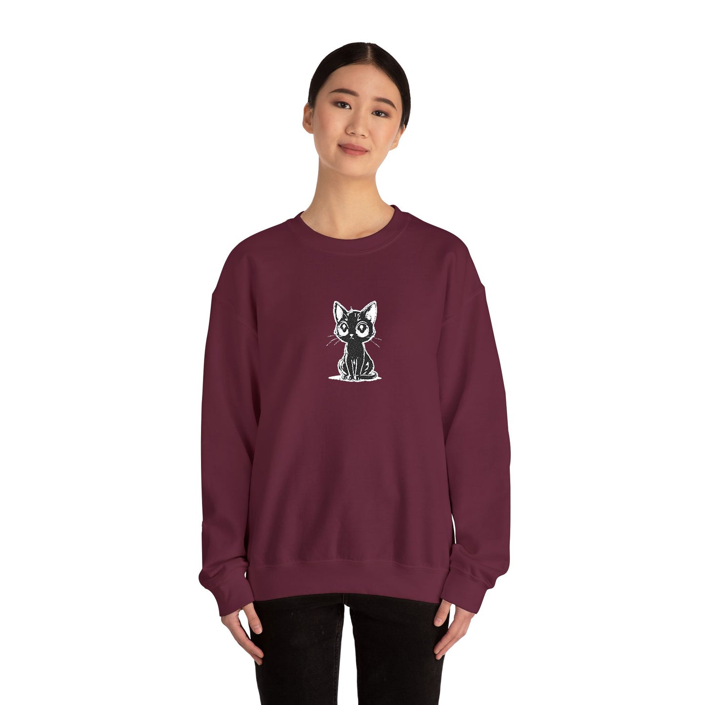 Cat Sketch Crewneck Sweatshirt — Minimal Black Ink Kitten Design