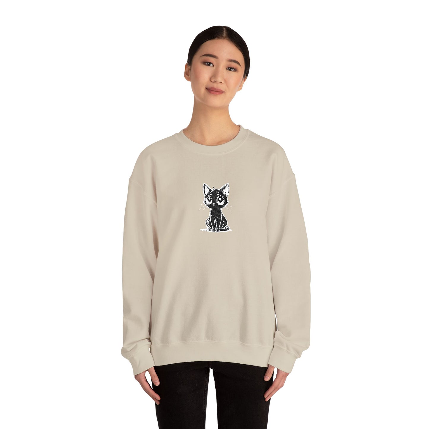 Cat Sketch Crewneck Sweatshirt — Minimal Black Ink Kitten Design