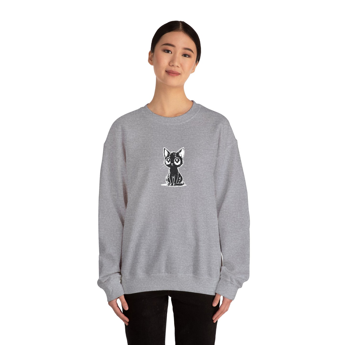 Cat Sketch Crewneck Sweatshirt — Minimal Black Ink Kitten Design