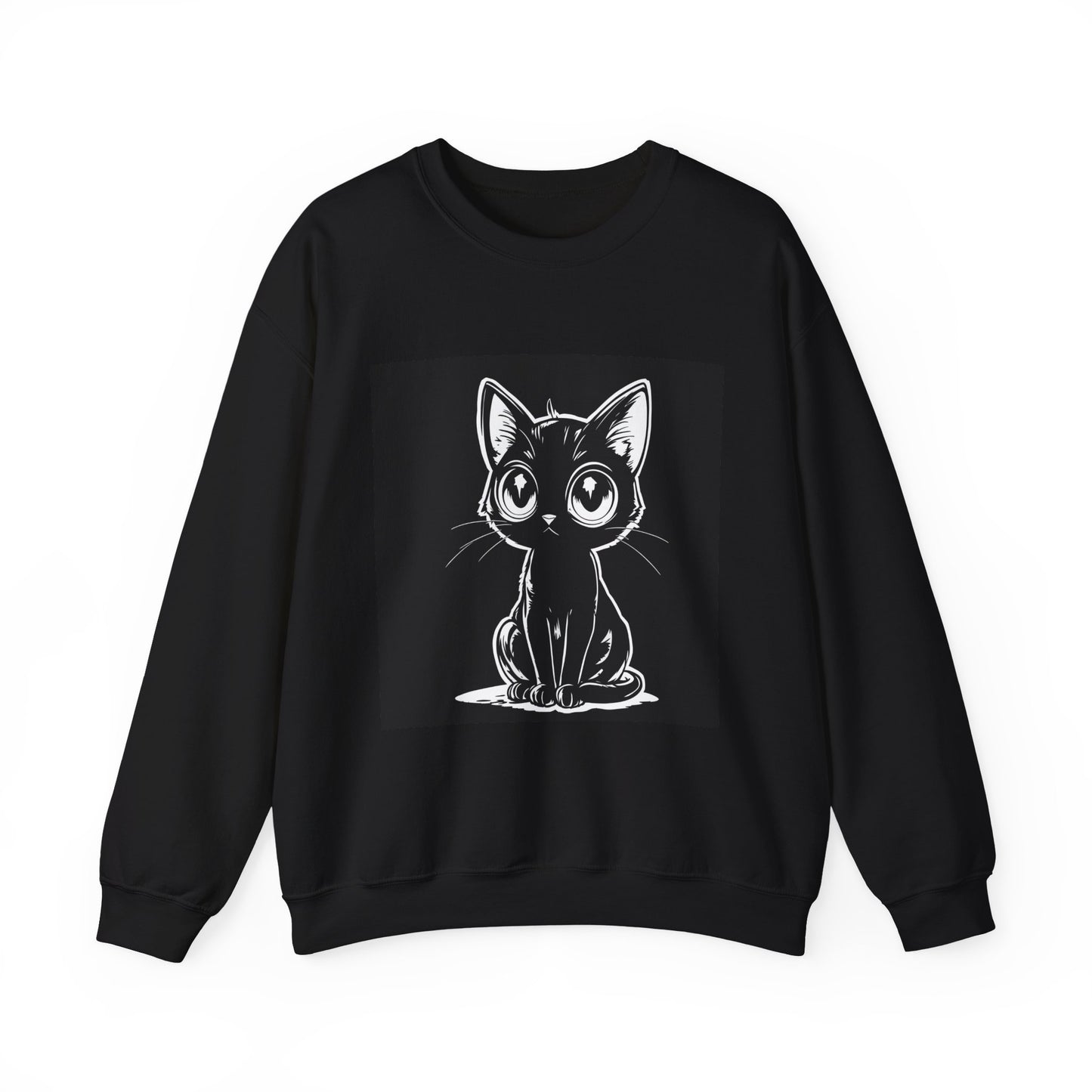 Black kitten sweatshirt on a hanger—big-eyed cat design on unisex crewneck