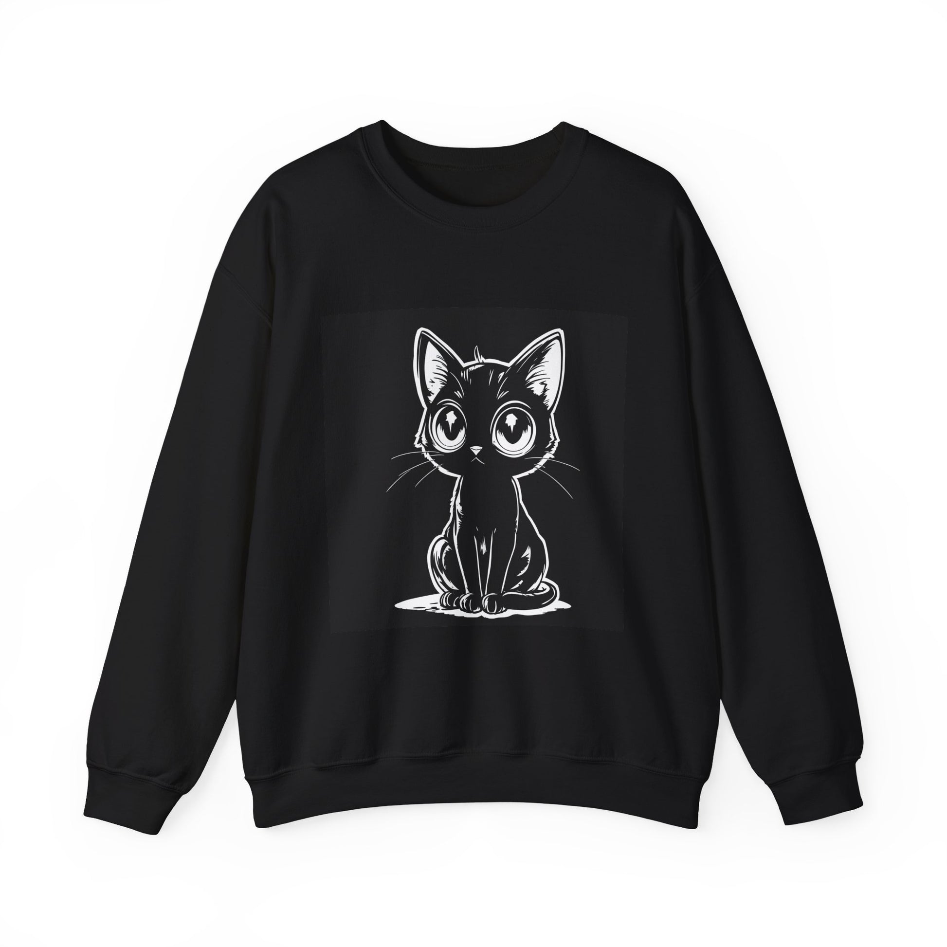 Black kitten sweatshirt on a hanger—big-eyed cat design on unisex crewneck