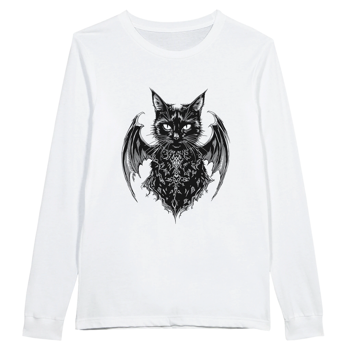 Gothic black cat shirt with winged cat design on white long sleeve t-shirt