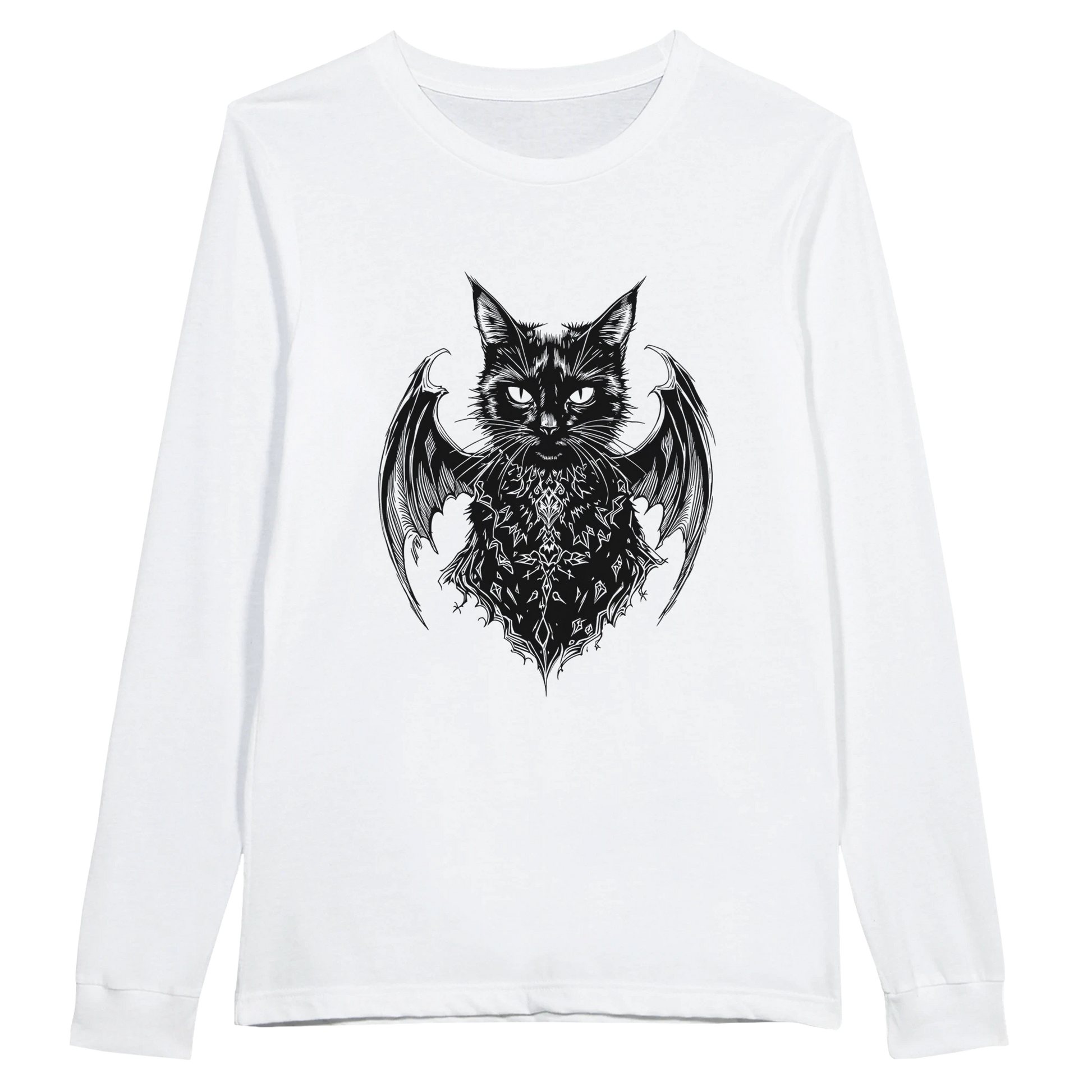 Gothic black cat shirt with winged cat design on white long sleeve t-shirt