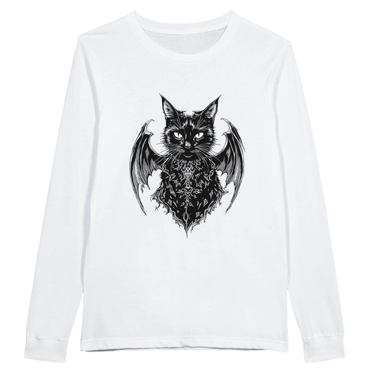 Gothic black cat shirt with winged cat design on white long sleeve t-shirt